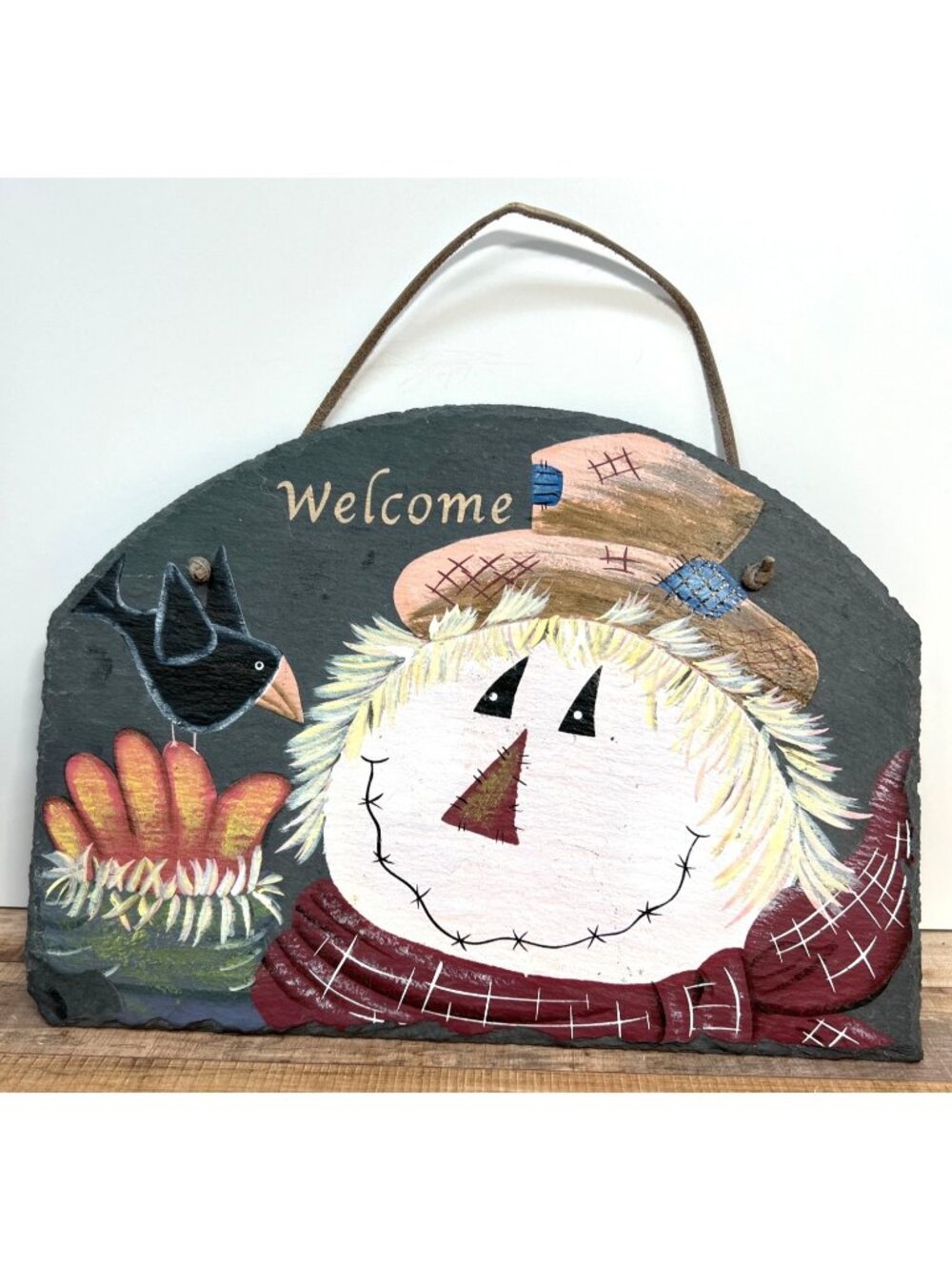 Hand-Painted Slate Autumn Welcome Sign With Scarecrow & Bird Design